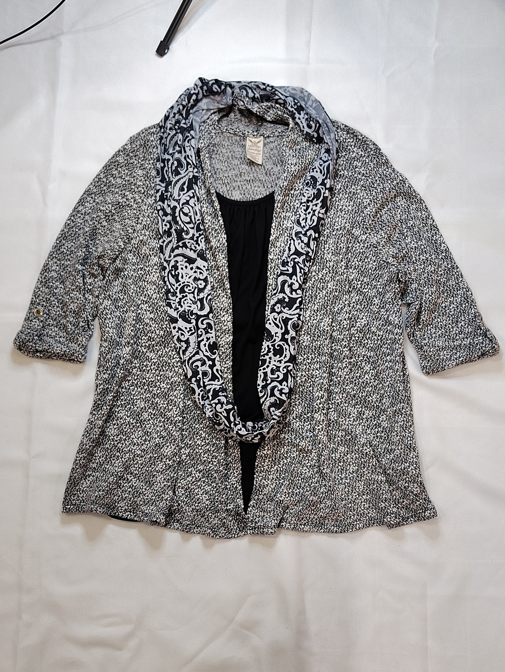Faded Glory Black And White Cardigan Size 2X(18 W-20W) Marled Knit Scarf And Top